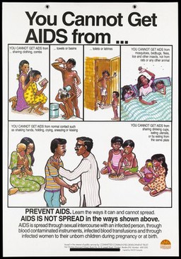 Illustrations and text explaining how AIDS cannot be transmitted from sharing clothes, drinking cups etc.; one of a series of educational posters issued by the Committed Communities Development Trust in Mumbai. Colour lithograph, ca. 1997.