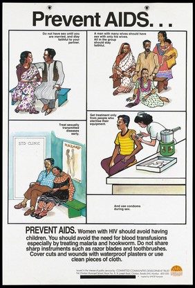 A faithful unmarried couple, a man with his 3 faithful wives, a couple sitting in a STD clinic and a man receiving an injection with sterilised equipment; one of a series of educational posters issued by the Committed Communities Development Trust in Mumbai. Colour lithograph, ca. 1997.