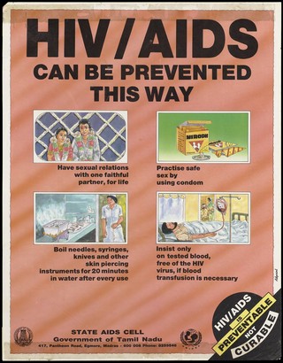A couple wearing garlands, a packet of condoms, a nurse tending to sterilizing needles and a man receiving a blood transfusion in a hospital bed; a warning issued by the State AIDS Cell of the Goverment of Tamil Nadu about the importance of safe sex and sterilization of hospital equipment to prevent the spread of AIDS. Colour lithograph by Adprint, ca. 1997.
