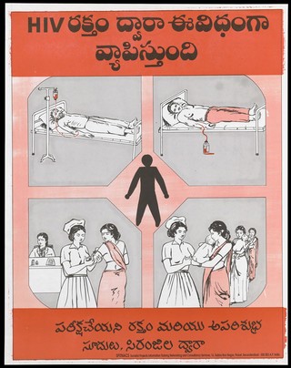 A man receiving a blood transfusion correctly, another man incorrectly and a nurse administering an injection in the arm of a woman under supervision; the nurse then administers immunisations into numerous babies under no supervision; a warning about the dangers of using unsterilized equipment and contracting the HIV virus by Spitnacs, Societal Projects Information Training Networking and Consultancy Services. Colour lithograph, ca 1997.