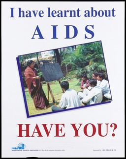 A group of youths sit on the ground before a female teacher who writes the words 'AIDS' on a blackboard before them; an advertisement about the importance of teaching about AIDS by INSA International Services Assocation in India sponsored by Levi Strauss. Colour lithograph, ca. 1997.