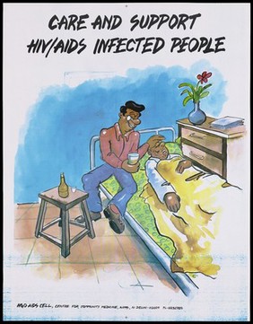 A man tending an HIV infected man in bed with a message to care and support those with HIV; an AIDS prevention advertisement for the NGO AIDS Cell Centre for Community Medicine in New Delhi. Colour lithograph, ca. 1997.