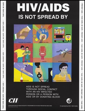 Nine illustrations demonstrating ways in which HIV/AIDS is not spread from touching or hugging to coughing or sneezing; an AIDS prevention advertisement by the CII, the Confederation of Indian Industry programme on HIV/AIDS prevention and care. Colour lithograph by Amita P. Gupta, ca. 1997.