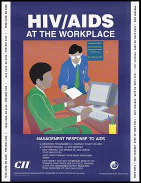 A man hands a piece of paper to another sitting at a computer in an office; a message about HIV/AIDS in the workplace; an AIDS prevention advertisement by the CII, the Confederation of Indian Industry programme on HIV/AIDS prevention and care. Colour lithograph by Amita P. Gupta, ca. 1997.