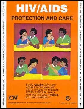 A couple in discussion over safe sex and condoms representing an advertisement for HIV/AIDS protection and care; an AIDS prevention advertisement by the CII, the Confederation of Indian Industry programme on HIV/AIDS prevention and care. Colour lithograph by Amita P. Gupta, ca. 1997.