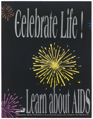 Yellow, pink and orange fireworks representing a celebration of life as an advertisement for learning about AIDS by INSA, International Services Association in Banagalore. Colour lithograph, ca. 1997.
