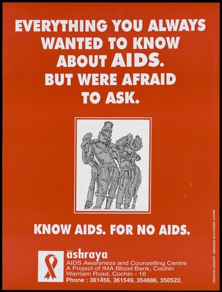 A male figure leaning on a staff with his arm around a female figure representing an advertisement for AIDS awareness by lAshraya, the AIDS Awareness and Counselling Centre, a Project of IMA Blood Bank. Colour lithograph by Meridian Ad Systems, Cochin, ca. 1998.