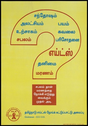 A red question mark on a yellow background bearing the word 'AIDS' in Malayalam with the AIDS red ribbon symbol advertising AIDS prevention. Colour lithograph, ca. 1997.