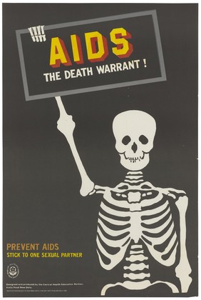 A skeleton holding up a sign bearing the warning 'AIDS: the death warrant!" against a black background; an AIDS prevention advertisement by the Central Health Education Bureau in New Delhi. Colour lithograph, ca. 199-.