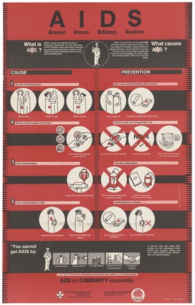 The word 'AIDS' at the top of an illustrated fact sheet about the causes and prevention of AIDS. Colour lithograph by the Voluntary Health Assocation of India and Manipur Voluntary Health Association, ca. 1995.