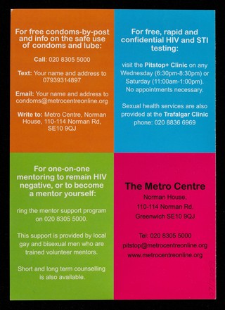 No time for the clinic? : Do you live in the borough of Greenwich? Are you a gay or bisexual man? Then get tested in the privacy of your own home : free rapid testing in your home with results in 20 minutes : Chlamydia and gonorrhoea tests included / The Metro Centre.