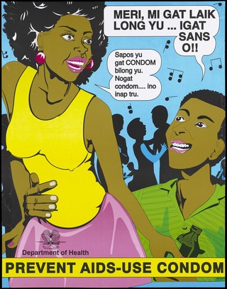 A man puts his hand around the waist of a woman dancing in a yellow vest and pink skirt in a nightclub setting representing an AIDS prevention advertisement for safe sex and condoms by the Papua New Guinea Department of Health. Colour lithograph, ca. 1995.