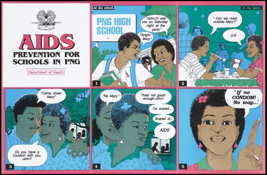 Five images involving a couple at Papua New Guinea High School who arrange to meet at a party representing an AIDS prevention advertisement about safe sex and condoms by the Papua New Guinea Department of Health. Colour lithograph, ca. 1995.