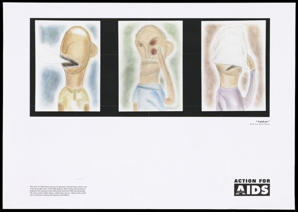 Three figures: one without a brain and eyes, one removing an eyeball, and the third covering his face; representing turning a blind eye to AIDS; with an illustrated calendar of events to mark World AIDS Day 1996. Colour lithograph after Zaidi Bin Mohd Salleh and others for Action for AIDS Singapore, 1996.