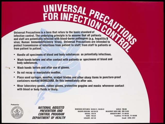 A list of universal precautions for infection control by the National AIDS/STD Prevention and Control Program, Department of Health, Philippines. Colour lithograph, ca. 1995.