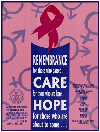 The AIDS red ribbon against a pink background with numerous purple male and female signs representing a reminder to remember, care and hope for those with AIDS; an advertisement by the National AIDS/STD Prevention and Control Program, Department of Health, Philippines. Colour lithograph, ca. 1995.