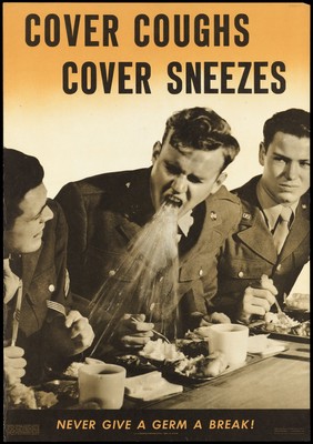 A soldier coughing over his food in the canteen and spreading germs over his colleagues. Colour lithograph, 1941/1945.