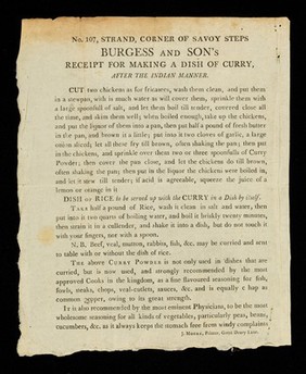 Burgess and Son's receipt for making a dish of curry, after the Indian manner.