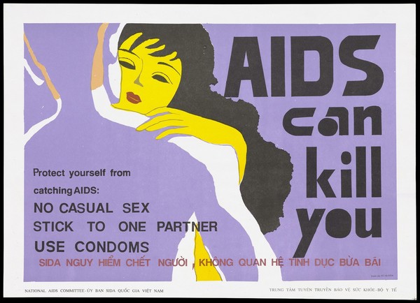 A woman in yellow with long black hair hugging the purple silhouette of a man representing a warning about the dangers of casual sex and AIDS; an AIDS prevention advertisement by the National AIDS Committee in Vietnam. Colour lithograph by Vú Huyén, ca. 1995.