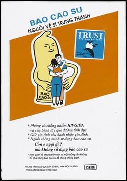 A personified condom wraps its arms around an embracing couple representing an advertisement for safe sex to prevent AIDS by the Education Center and Central Youth Union in Vietnam. Colour lithograph ca. 1995.