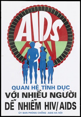 Four blue silhouette figures with their partners before a red-rimmed circle bearing the words 'AIDS' and 'HIV'; an advertisement for safe sex to prevent AIDS by the Committee on AIDS Hanoi. Colour lithograph, ca. 1996.