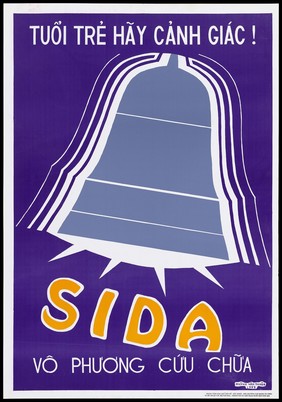 A vibrating bell with spikes below emitting the word 'SIDA'; an AIDS warning to youths. Colour lithograph by Huỳnh Vqan Thuqan, 1992.