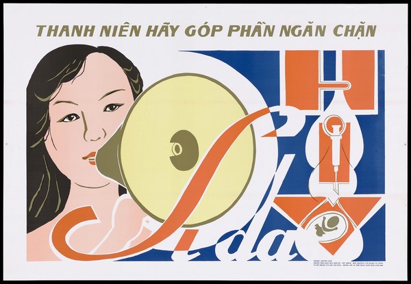 A woman with a loud speaker emitting the word 'SIDA' with an orange arrow incorporating a syringe with a foetus (?) below; a warning to women about the dangers of injecting drugs and contracting AIDS during pregnancy. Colour lithograph, ca. 1992.