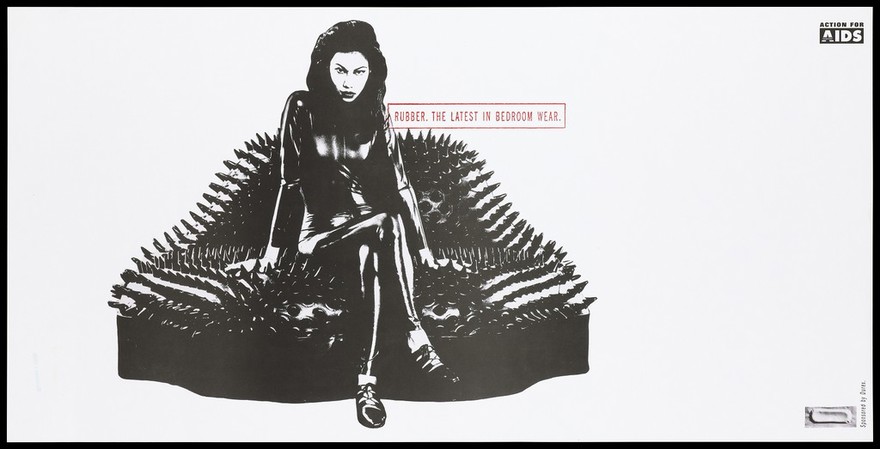 A woman dressed in a rubber catsuit sitting on a spiky leather sofa in the shape of lips representing an AIDS prevention advertisement for safe sex and condoms by Action for AIDS, sponsored by Durex condoms. Colour lithograph, ca. 1995.