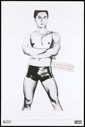 A man standing confidently in rubber briefs with his arms folded; an AIDS prevention advertisement for safe sex and condoms by Action for AIDS, sponsored by Durex condoms (vertical version). Colour lithograph, ca. 1995.