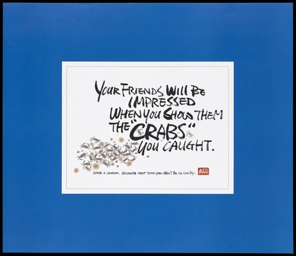 Crabs representing a nickname for pubic lice or 'VD' with chinese lettering; a safe-sex advertisement by AIDS Concern, Hong Kong. Colour lithograph, ca. 1997.