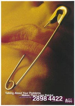 A woman's lips pierced together with a large safety pin, representing the pain of not talking about AIDS-related problems; advertising the AIDS Concern Hotline, Hong Kong. Colour lithograph, ca. 1997.