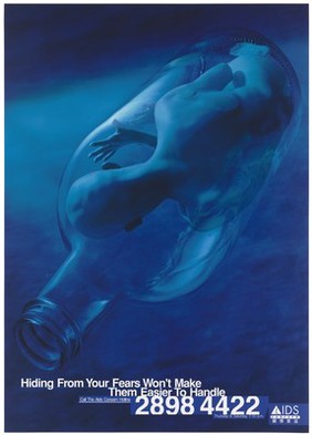 A man trapped inside a glass bottle representing a man hiding from his fears of AIDS; an advertisement for the AIDS Concern Hotline, Hong Kong. Colour lithograph, ca. 1997.