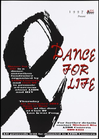 A black version of the AIDS red ribbon representing an advertisement for a dance marathon fundraiser organized by AIDS Concern and Club 97 held on 1st December 1994. Colour lithograph, 1994.