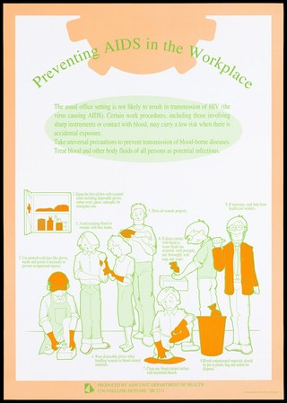 Nine illustrated guidelines on preventing AIDS in the workplace issued by the AIDS Unit Department of Health, Government of Hong Kong. Colour lithograph, ca. 1995.