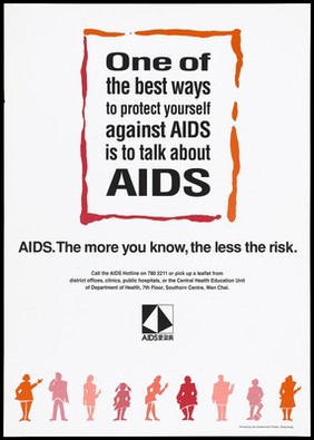 A row of men and women along the bottom with a message about the best way to protect against AIDS is to talk about it; an advertisement issued by the Central Health Education Unit, Department of Health. Colour lithograph, ca. 1995.