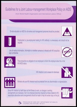 Guidelines for a joint Labour-management Workplace Policy on AIDS with logo illustrations by the AIDS Unit Department of Health, Government of Hong Kong (large version). Colour lithograph, ca. 1995.