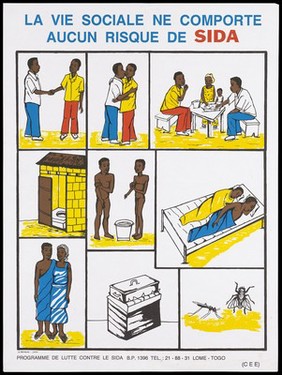 Social activities that carry no risk of AIDS including two men shaking hands, sharing food at a table, sharing water, sleeping together and mosquitoes; an advertisement produced as part of the Programme National de Lutte Contre le SIDA in Togo. Colour lithograph, ca. 1996.