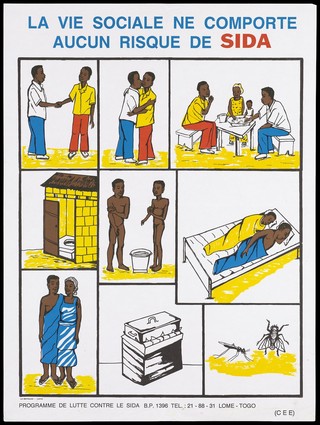 Social activities that carry no risk of AIDS including two men shaking hands, sharing food at a table, sharing water, sleeping together and mosquitoes; an advertisement produced as part of the Programme National de Lutte Contre le SIDA in Togo. Colour lithograph, ca. 1996.