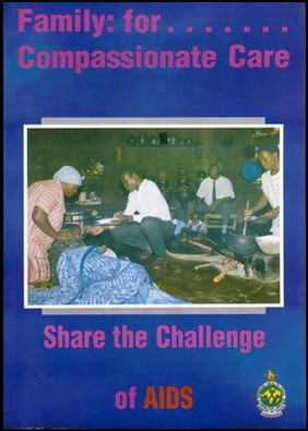 Two people tending a man sick with AIDS as a woman stirs a pot on a stove to the right; an advertisement for compassionate care for those families affected by AIDS by the Ministry of Health, Zimbabwe. Colour lithograph, ca. 1995.