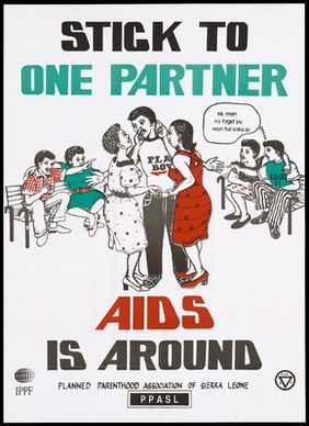 Two women stroke the face of a man bearing the words 'Play boy' on his t-shirt with 2 other couples sitting on benches looking on from either side; an AIDS prevention advertisement by the International Planned Parenthood Federation and Planned Parenthood Association of Sierra Leone. Colour lithograph, ca. 1996.