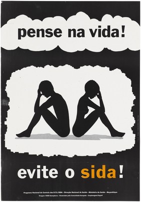The black silhouettes of a man and woman sitting with their backs to each other with their head in their hands and a message in Portuguese; an AIDS prevention advertisement by the Ministry of Health, Mozambique. Colour lithograph by Jacques Schwatzstein and Xuxo Lara, ca. 1996.
