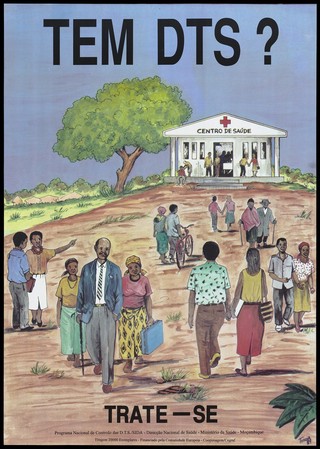 People walking to and from a Health Centre providing treatment for STD's in a rural setting in Mozambique; an AIDS prevention advertisement by the Ministry of Health, Mozambique. Colour lithograph by Tunga, 1989.