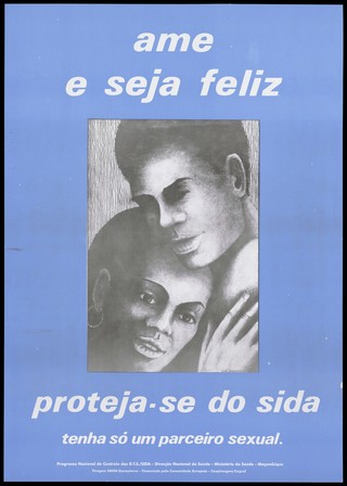 A couple hugging representing a safe-sex and AIDS prevention advertisement by the Ministry of Health, Mozambique. Colour lithograph by Luis Cardosa, ca. 1996.