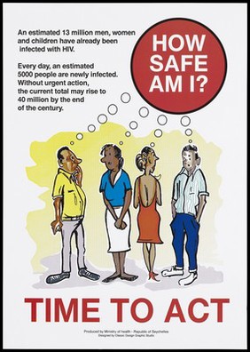 Two couples wondering how safe they are from AIDS (English version); a safe-sex and AIDS prevention advertisement by the Ministry of Health - Republic of Seychelles. Colour lithograph by Classic Design Graphic Studio, ca. 1996.