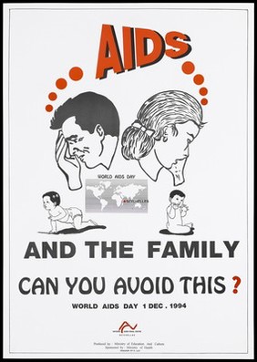 A man and a woman with their hands on their heads in despair as 2 babies crawl below; with a map of the world highlighting the Seychelles and World AIDS Day; an advertisement for AIDS and the family for World AIDS Day, 1 December 1994 by the Ministry of Education and Culture. Colour lithograph by G. Luc, 1994.
