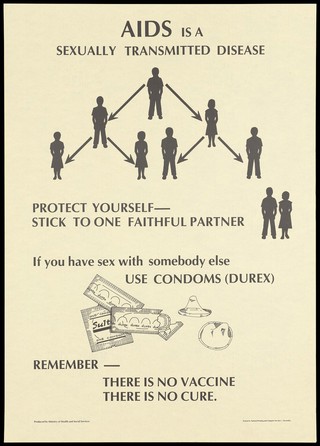 The black silhouettes of men and women with arrows and the message that AIDS is a sexually transmitted disease so stick to one partner and use condoms; a safe-sex and AIDS prevention advertisement by the Ministry of Health and Social Services, Seychelles. Colour lithograph, ca. 1996.