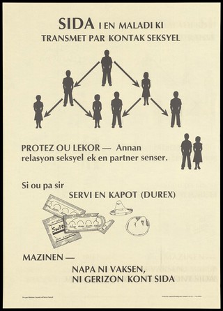 The black silhouettes of men and women with arrows and the message that AIDS is a sexually transmitted disease so stick to one partner and use condoms; a safe-sex and AIDS prevention advertisement by the Ministry of Health and Social Services, Seychelles (Creole version). Colour lithograph, ca. 1996.