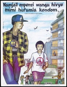 A woman wearing a t-shirt with the peace logo walking beside a man in a check shirt holding a pack of Salam condoms; a safe-sex and AIDS prevention advertisement by the Kuleana Centre for Sexual Health in Tanzania. Colour lithograph by Marco Tibasima, ca. 1997.