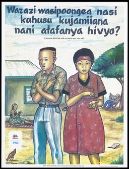 A young man with his arms crossed against his chest and a young woman gesturing with her hands as their woman braids material and their father sits reading a paper beyond; a representing a safe-sex and AIDS prevention advertisement by the Kuleana Centre for Sexual Health in Tanzania. Colour lithograph by Marco Tibasima, ca. 1997.