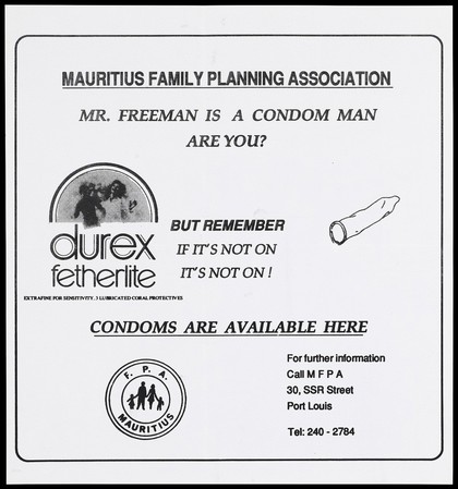 An advertisement for Durex condoms by the Mauritius Family Planning Association. Lithograph, ca. 1996.